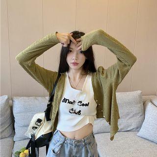 Embroidered Letter Tank Top / Plain Cardigan