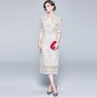 Short-sleeve Midi Sheath Lace Party Dress