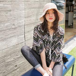 Tassel-neck 3/4-sleeve Chevron Top