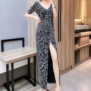 Short-sleeve Side-slit Maxi Sheath Dress