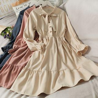 Ribbon-neckline Plain A-line Dress In 5 Colors