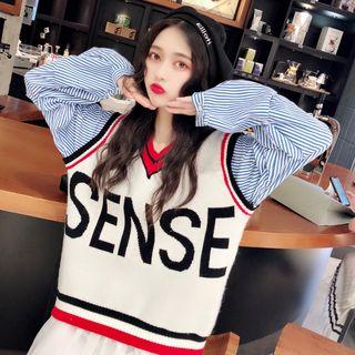 Striped Sleeve Lettering V-neck Sweater