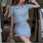 Short-sleeve Frayed Trim Crop Top / Mini Pencil Skirt