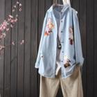 Long-sleeve Embroidered Denim Blouse Blue - One Size