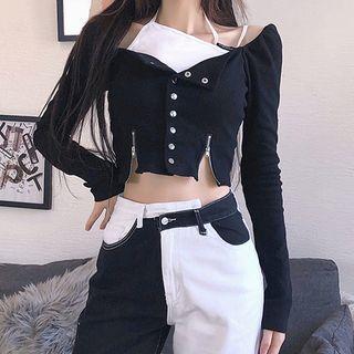 Long-sleeve Mock Two-piece Button-up Crop Top