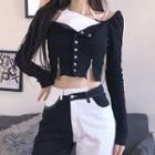 Long-sleeve Mock Two-piece Button-up Crop Top