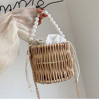 Faux Pearl Woven Chain Bucket Bag Khaki - One Size