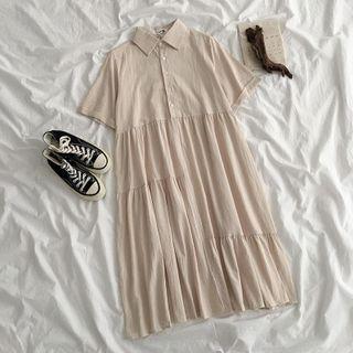 Short-sleeve High-waist Pleated Shirt Dress Almond - One Size
