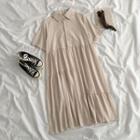 Short-sleeve High-waist Pleated Shirt Dress Almond - One Size