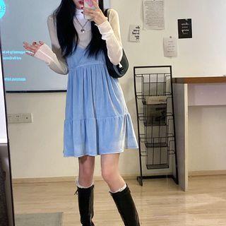 Long-sleeve High-neck T-shirt / Velvet Spaghetti-strap Dress