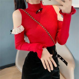 Cutout Shoulder Beaded Mock Neck Knit Top