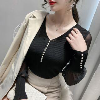 Long-sleeve Faux Pearl Mesh Panel Knit Top