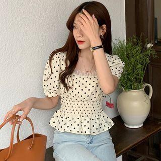 Short-sleeve Dotted Blouse White & Black - One Size