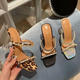 Faux Pearl Rhinestone Stiletto Heel Slide Sandals