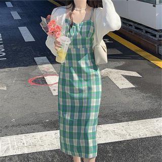 Retro Plaid Suspender Skirt / Plain Cardigan
