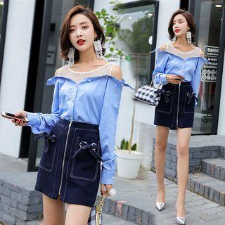 Set : Off-shoulder Long-sleeve Blouse + Denim Mini Skirt