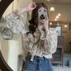 Long-sleeve Tie-neck Floral Print Blouse Floral - Pink & Green - One Size