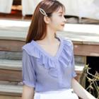 Short-sleeve V-neck Ruffle Trim Chiffon Blouse
