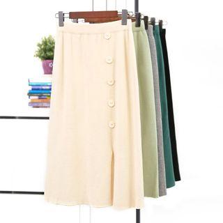 Button-detail Slit-hem Knit Skirt