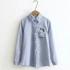 Cat Embroidered Pinstriped Shirt