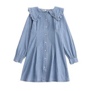 Ruffle Trim Collar Long-sleeve Button Denim A-line Dress