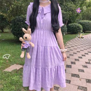 Short-sleeve Collared Plain Midi A-line Dress