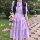 Short-sleeve Collared Plain Midi A-line Dress
