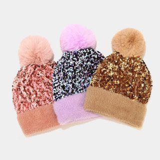 Pom Pom Sequined Knit Beanie