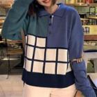 Polo-neck Color Block Sweater Green & Blue & White - One Size