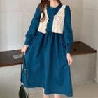 Long-sleeve Midi A-line Dress / Crocheted Knit Vest