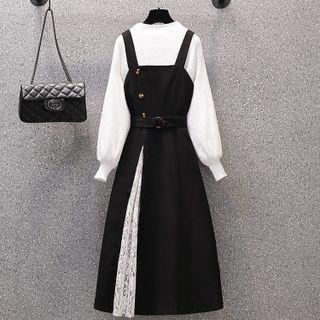 Plain Sweater / Lace Panel Midi A-line Overall Dress / Set