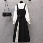 Plain Sweater / Lace Panel Midi A-line Overall Dress / Set