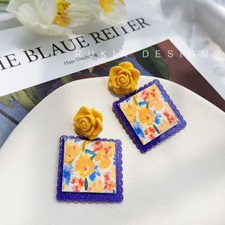Framed Flower Sterling Silver Drop Earring / Clip-on Earring
