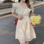 Short-sleeve V-neck Collared A-line Dress