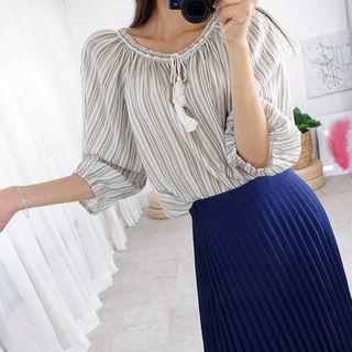 Tassel-neck Stripe Peasant Blouse