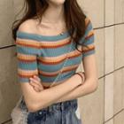 Striped Short-sleeve Knit Top Stripe - Rainbow - One Size