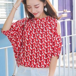 Leaf Print Short-sleeve Cold Shoulder Blouse