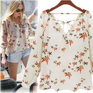 Long-sleeved Floral Print Drawcord Chiffon V-neck Top