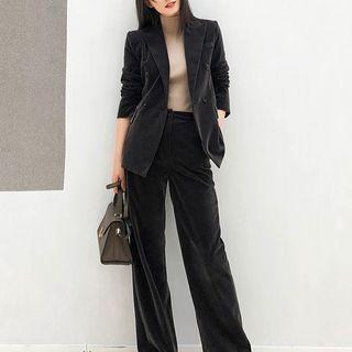 Set: Double-breasted Velvet Blazer + Wide Leg Dress Pants