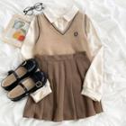 V-neck Embroidered Contrast Trim Knit Vest / Long-sleeve Plain Sweatshirt