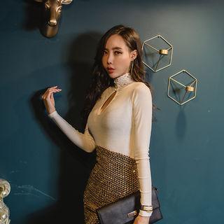 Lace Stand-collar Two-way Top Black - One Size