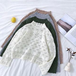 Plain Mock-neck Eyelet Lace Long-sleeve Knit Top