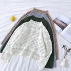 Plain Mock-neck Eyelet Lace Long-sleeve Knit Top