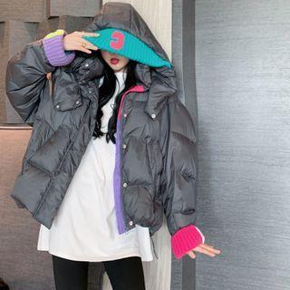Patchwork Hooded Padded Coat Gray - One Size