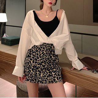 Mock Two Piece Shirt / Zebra Print Mini Fitted Skirt