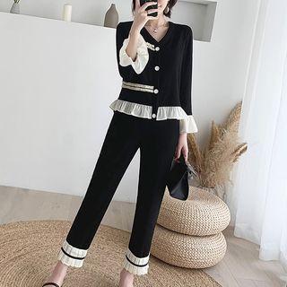 Set: Long Sleeve V-neck Top + Wide Leg Pants