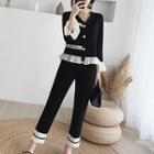 Set: Long Sleeve V-neck Top + Wide Leg Pants