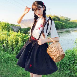 Embroidered Short-sleeve Shirt + High-waist Jumper Skirt Dress