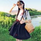 Embroidered Short-sleeve Shirt + High-waist Jumper Skirt Dress