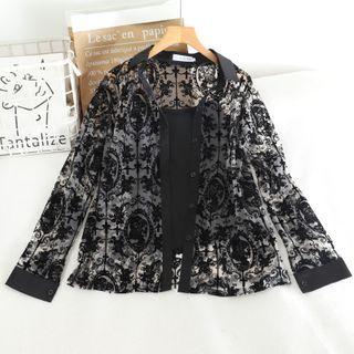 Set: Plain Long-sleeve Lace Cardigan / Plaid Camisole Top